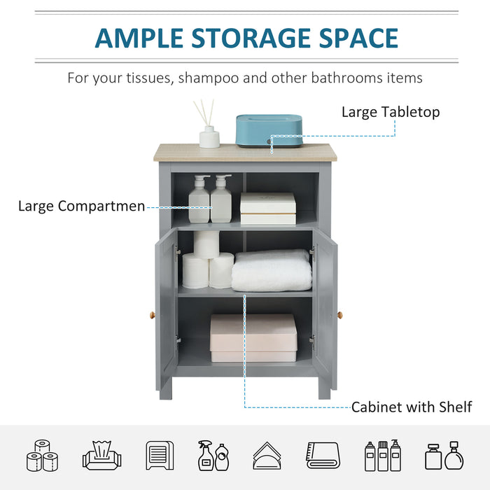 Free Standing Bathroom Floor Cabinet with Adjustable Shelf - Double-Door Compartment Storage Organizer, Grey - Ideal for Home Space Saving & Organization