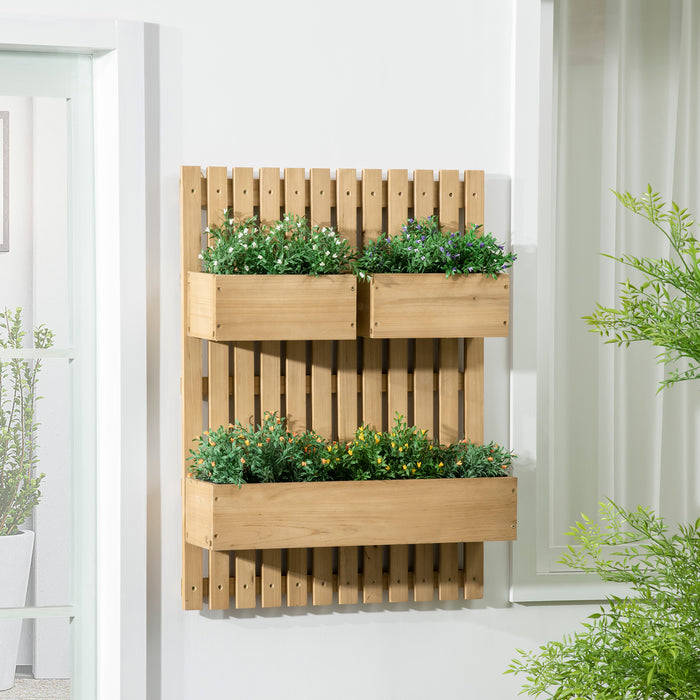 Wooden Garden Wall Planter with Trellis - Wall-Mounted Plant Holder with Drainage, 3 Adjustable Boxes - Ideal for Patio, Raised Bed Gardening in Natural Finish