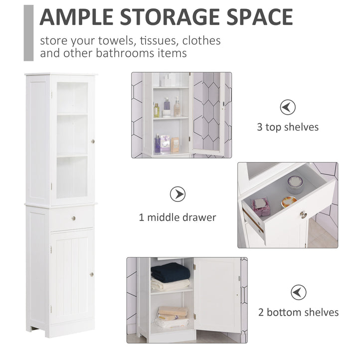 Slim White Bathroom Floor Cabinet - 3-Tier Shelf with Drawer and Door, Free Standing Storage Organizer - Ideal Space Saver for Toiletries and Linens