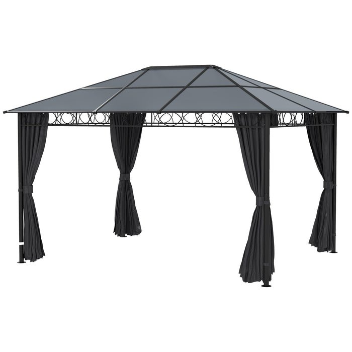 Hardtop Gazebo Garden Pavilion - UV Resistant Polycarbonate Roof, Steel & Aluminium Frame, Curtains, 3x4m in Grey - Ideal Outdoor Shelter for Entertainment and Relaxation