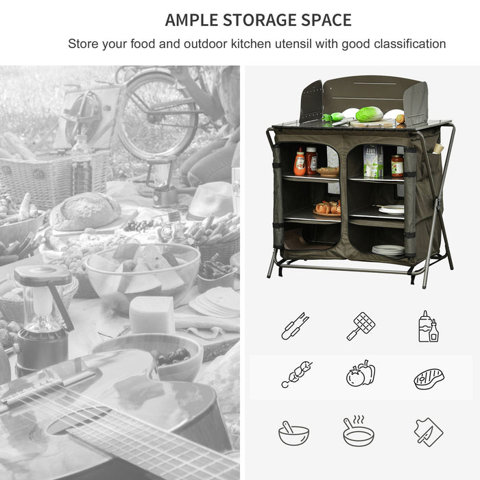 Foldable Camping Kitchen Cupboard - Outdoor Storage Unit with Windshield & 6 Shelves - Ideal for BBQs, Picnics, and Backyard Gatherings with Portable Carry Bag