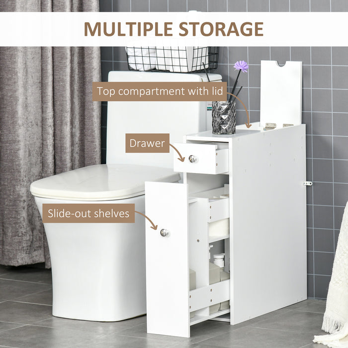 White Slimline Bathroom Storage Cabinet - Space-Saving Bath Organizer with Drawers - Ideal for Toiletries and Linen Management