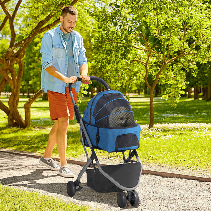 2-in-1 Detachable Pet Stroller Pushchair - Foldable Dog & Cat Travel Carriage with Carrying Bag - Convenient Mobility Solution for Animal Lovers, Dark Blue