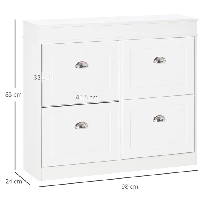 Wood Tipping Bucket Shoe Cabinet with 4 Flip Drawers - Adjustable Shelf Narrow Storage Cupboard for Hallway - Space-Saving Organizer for Entryway, Foyer in White