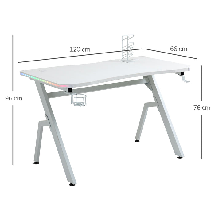 Ergonomic Racing Gaming Desk - RGB LED Lighting, Headphone Hook, Cup Holder, Controller Stand - Ideal for Gamers and Home Office Setup