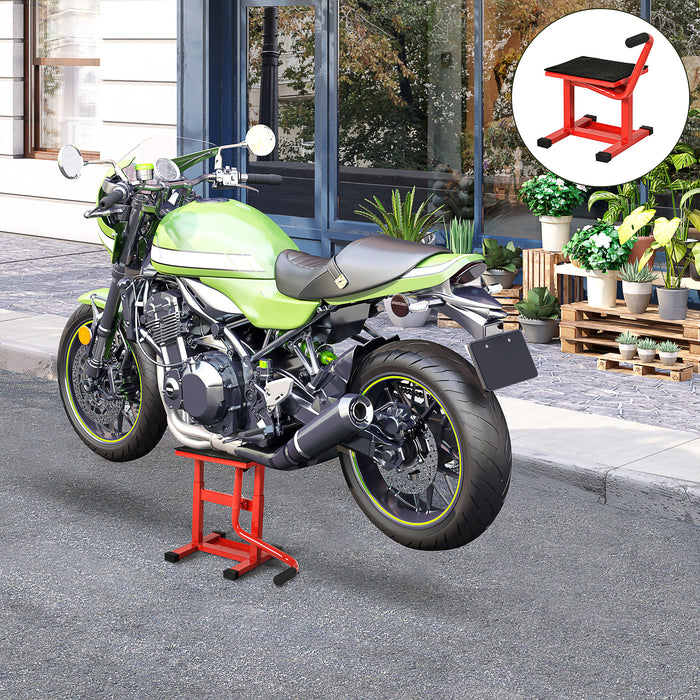 Heavy-Duty Steel Manual Motorcycle Lift - Red, Adjustable Repair Stand for Bikes - Ideal for Maintenance and Garage Workshops