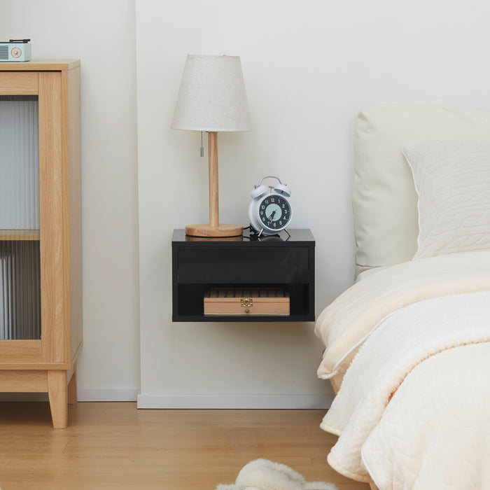 Wall Mounted Nightstand with Drawer - 2 Pieces Space-Saving Bedside Table, 37x32x21cm, High Gloss Black - Ideal for Bedroom Organization and Style