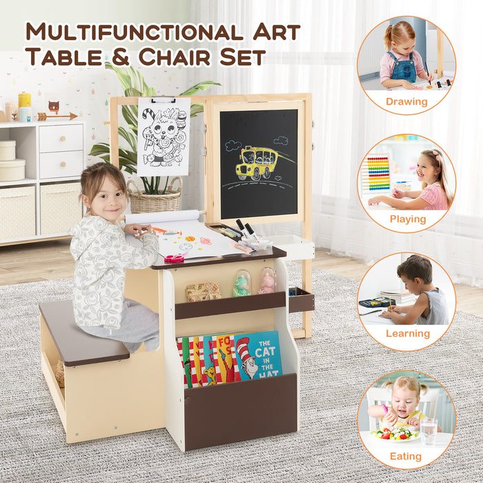 Artistic Kids - Adjustable Art Easel Table, Bench Set, and Bookshelf in Coffee Color - Perfect Solution for Children's Creative Activities
