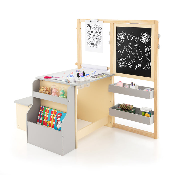 Artistic Kids - Adjustable Art Easel Table, Bench Set, and Bookshelf in Coffee Color - Perfect Solution for Children's Creative Activities