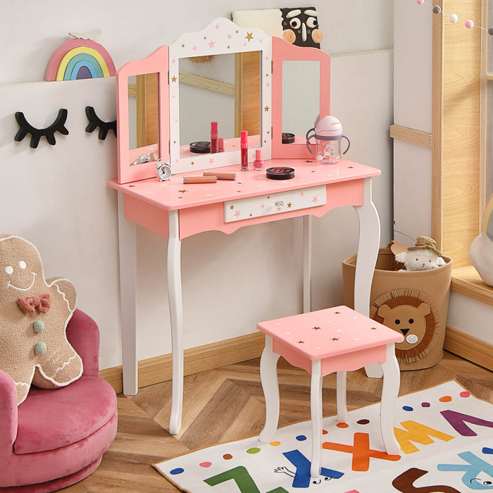 Little Fashionist's Pink Vanity Table and Stool - Makeup Station with Tri-fold Mirror - Perfect for Kids Beauty Play Time