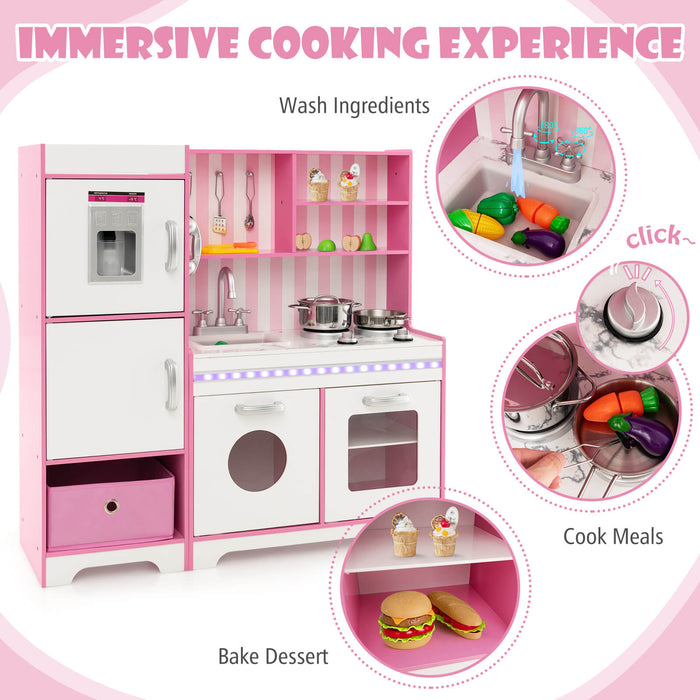 Kid's Dreamy Play Kitchen - Adjustable LED Lights, Working Refrigerator in Pink & White - Interactive Toy for Imaginative Play and Learning for Children