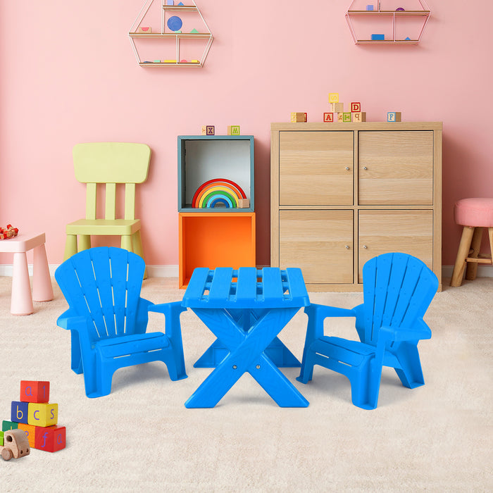 Adirondack Kids Set - Blue Plastic Table with Two Chairs - Ideal for Playdates and Activities