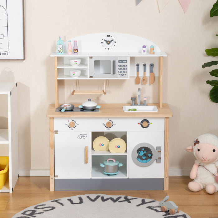 Wooden Play Kitchen Set - Includes Microwave Oven and Washing Machine Features - Ideal Toy for Imaginative Kids