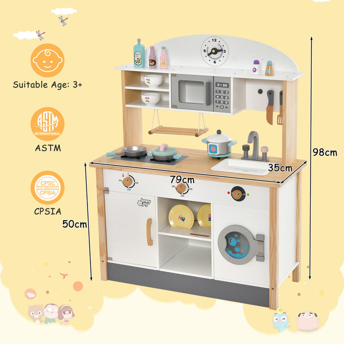 Wooden Play Kitchen Set - Includes Microwave Oven and Washing Machine Features - Ideal Toy for Imaginative Kids
