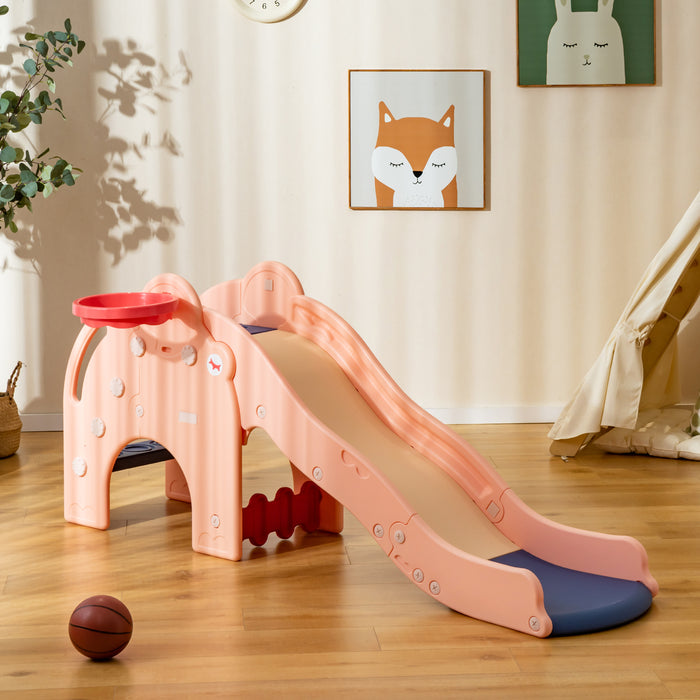 Cute Elephant Kids Play Slide - Incorporating Basketball Hoop, Playful Design - Ideal For Fun and Sports Activity For Children