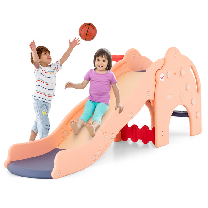 Cute Elephant Kids Play Slide - Incorporating Basketball Hoop, Playful Design - Ideal For Fun and Sports Activity For Children