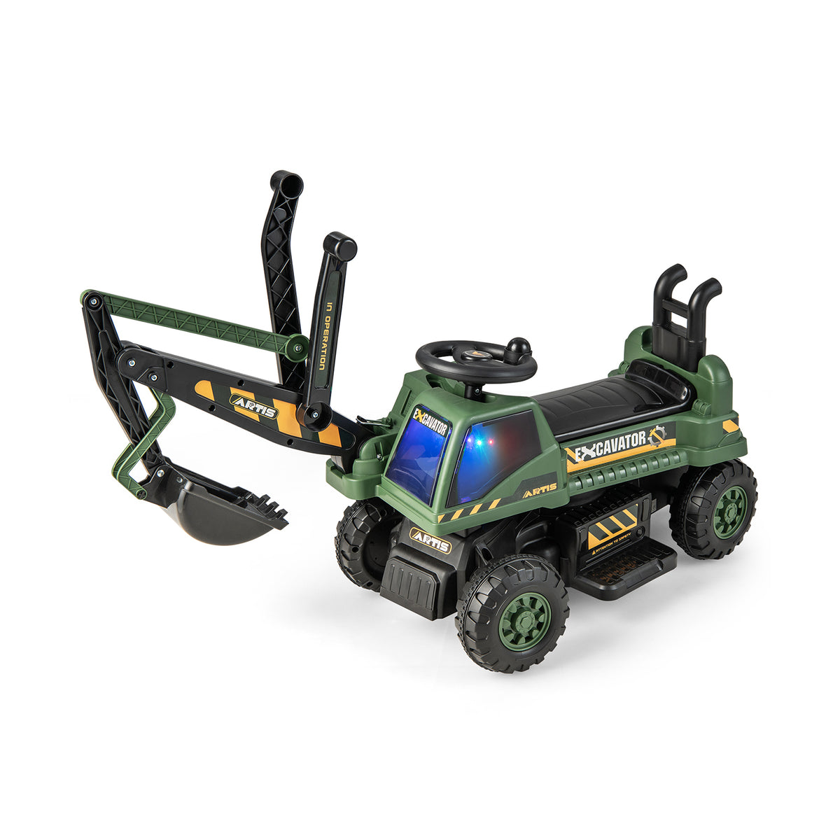Kid-Friendly Ride On Excavator - Rotating Seat and Underneath Storage in Vibrant Green - Ideal for Children's Outdoor Play and Storage Solution