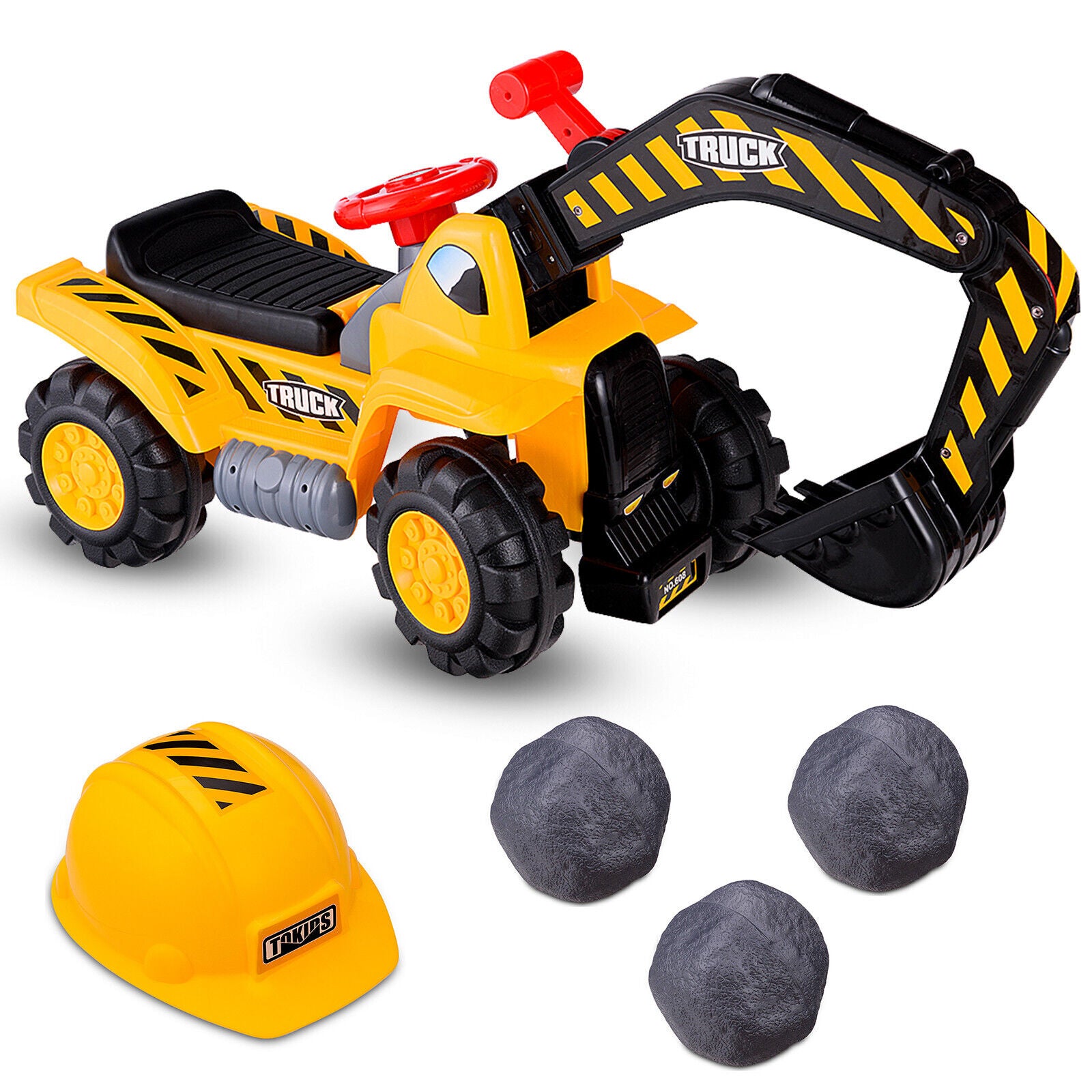 Kid's Interactive Construction Toy - Ride-On Digger with Safety Helmet and Toy Stones - Ideal for Imaginative Play and Physical Development