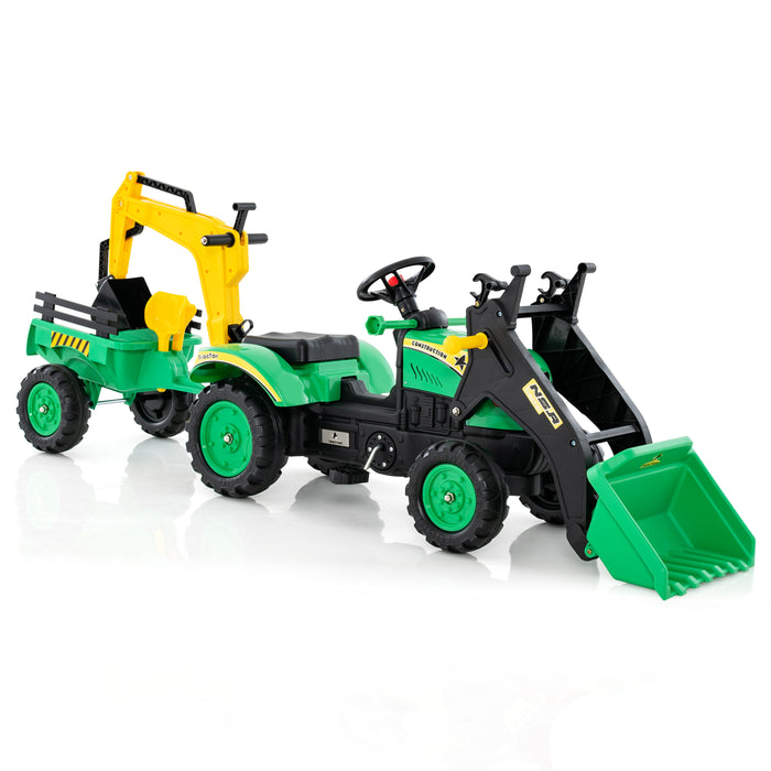 Kids' 3-in-1 Ride On Pedal Excavator - Features Detachable Trailer in Vibrant Green - Ideal for Developing Child's Motor Skills