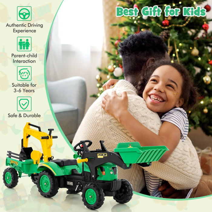 Kids' 3-in-1 Ride On Pedal Excavator - Features Detachable Trailer in Vibrant Green - Ideal for Developing Child's Motor Skills