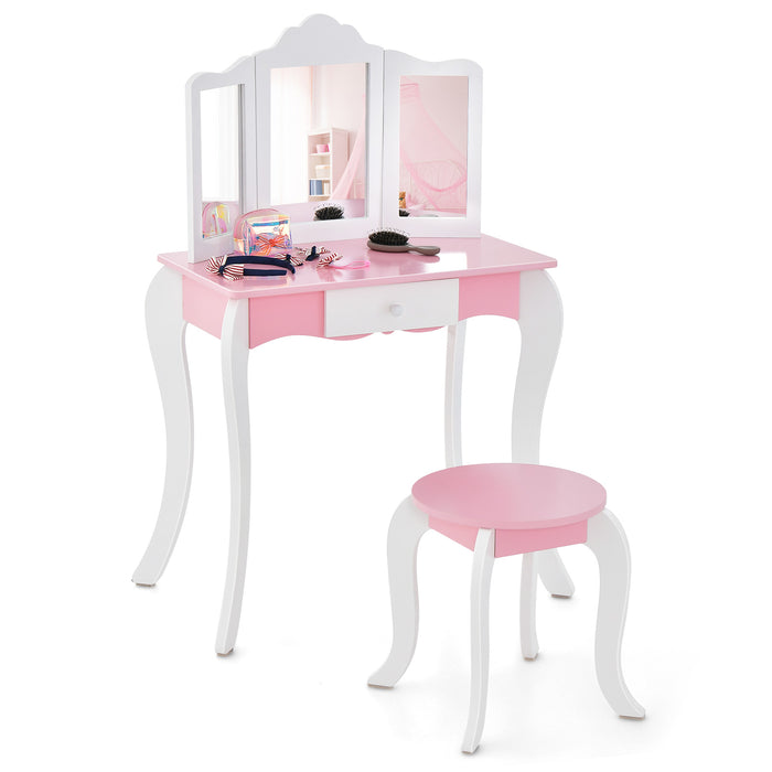 Kids Vanity Set - 3-Panel Acrylic Mirror and Storage Drawer in White - Perfect for Children's Room and Make-Up Play Station