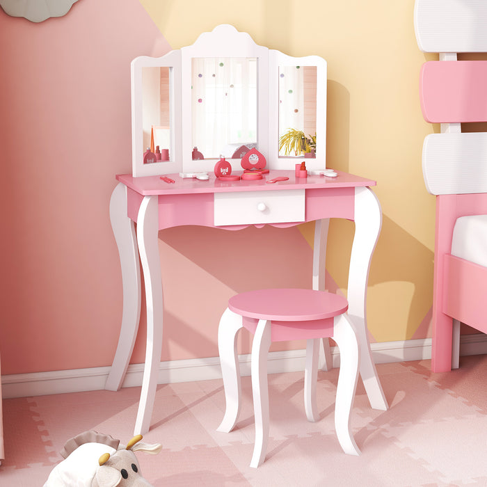 Kids Vanity Set - 3-Panel Acrylic Mirror and Storage Drawer in White - Perfect for Children's Room and Make-Up Play Station