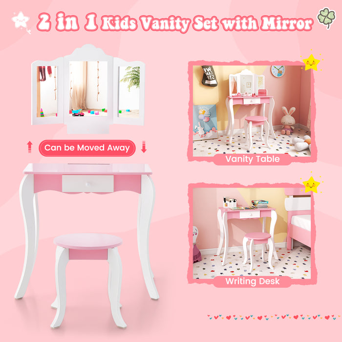 Kids Vanity Set - 3-Panel Acrylic Mirror and Storage Drawer in White - Perfect for Children's Room and Make-Up Play Station