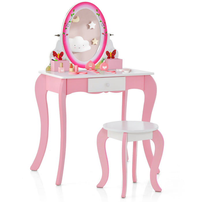Kid's Furniture - Vanity Table and Stool Set with Rotating Mirror and Whiteboard in White - Ideal for Children's Room and Playtime Activities
