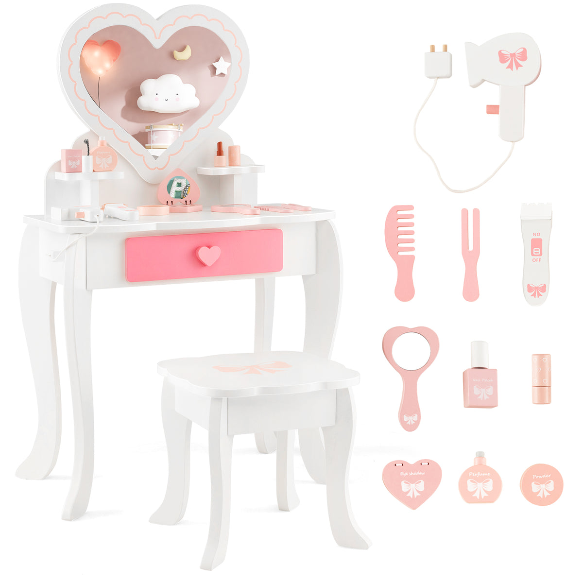 Charming Children's Furniture - Vanity Table and Stool Set with Removable Mirror and Storage Drawer in Elegant White - Perfect for a Kid's Bedroom or Playroom Décor and Functionality Addition