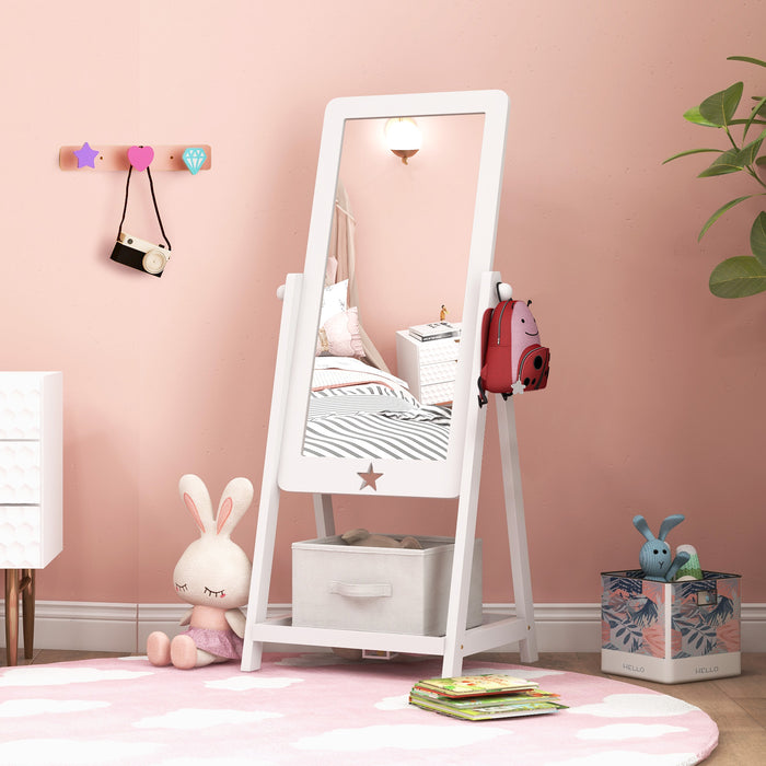 Bottom Shelf Wooden Mirror - Kids Standing Mirror with Storage Bin - Ideal for Children's Bedroom Organization