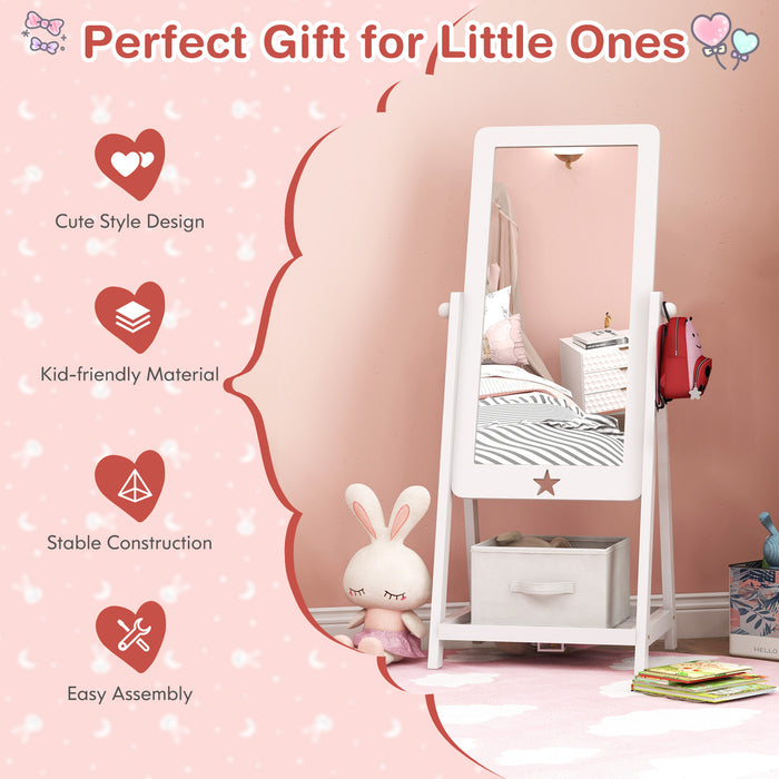 Bottom Shelf Wooden Mirror - Kids Standing Mirror with Storage Bin - Ideal for Children's Bedroom Organization