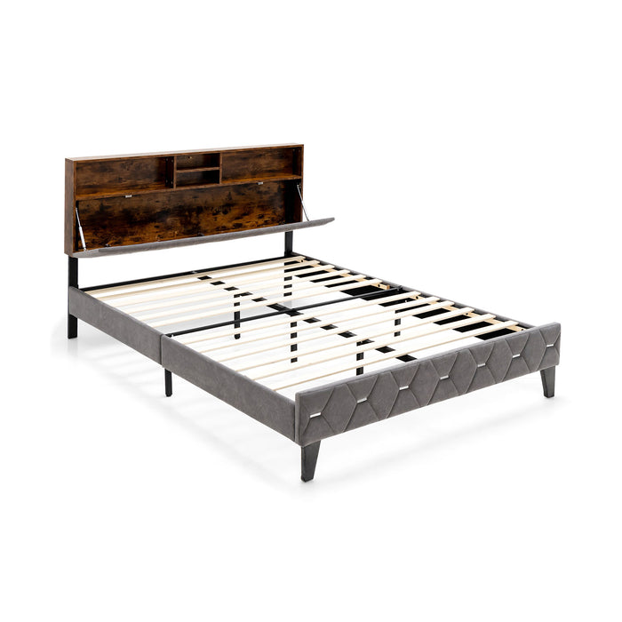 Bed Frame with Storage Headboard and Slat Support - Single/Double Size Comfortable Sleep Solution - Ideal for Compact Spaces Needing Extra Storage