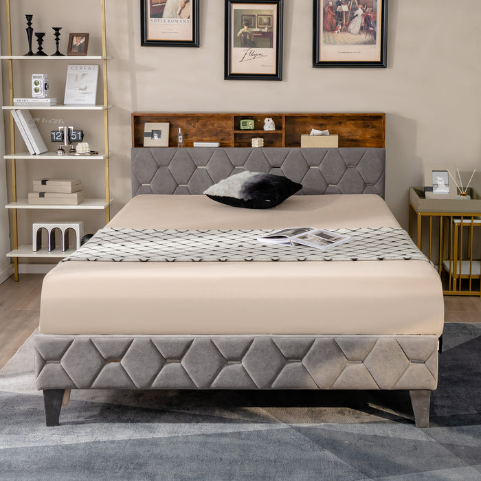 Bed Frame with Storage Headboard and Slat Support - Single/Double Size Comfortable Sleep Solution - Ideal for Compact Spaces Needing Extra Storage