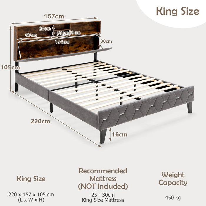 Bed Frame with Storage Headboard and Slat Support - Single/Double Size Comfortable Sleep Solution - Ideal for Compact Spaces Needing Extra Storage