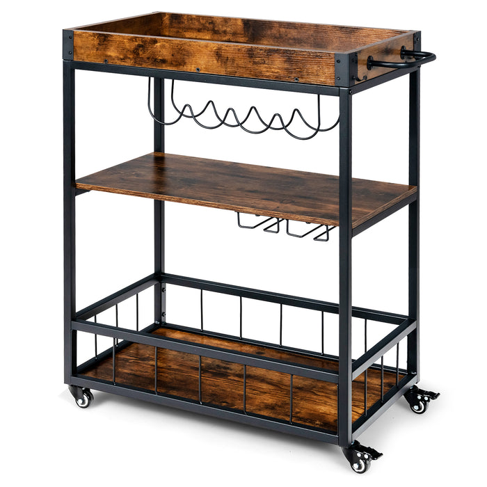 Wheeled Kitchen Cart - Removable Top Tray, 3-Tier Storage Shelf, 4 Hooks in Rustic Brown - Ideal for Extra Kitchen Storage and Portability