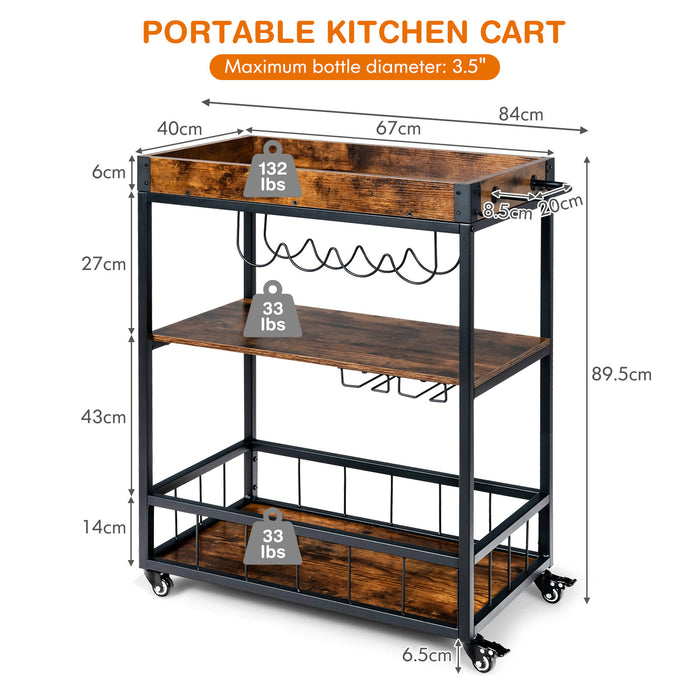 Wheeled Kitchen Cart - Removable Top Tray, 3-Tier Storage Shelf, 4 Hooks in Rustic Brown - Ideal for Extra Kitchen Storage and Portability