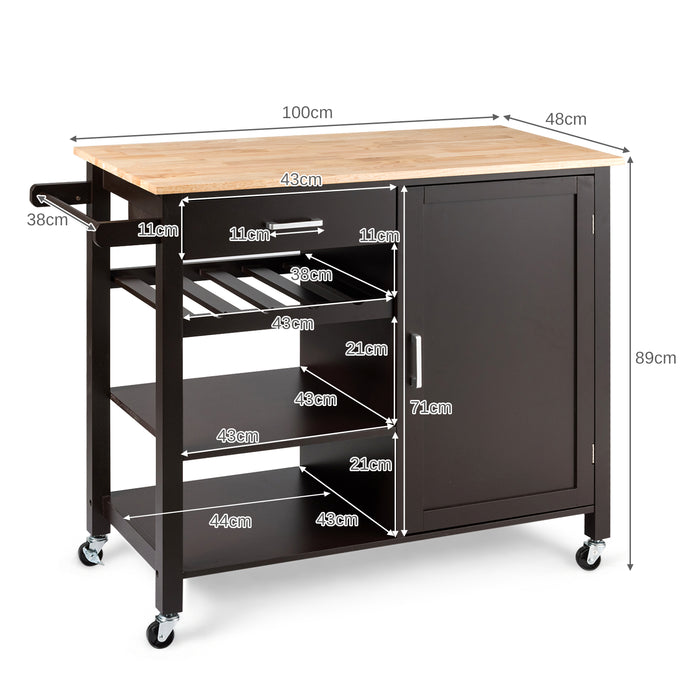 Kitchen Island Cart with Wine Rack - Rolling Utility Storage, Adjustable Shelf in Brown - Ideal for Home Cooks and Wine Enthusiasts