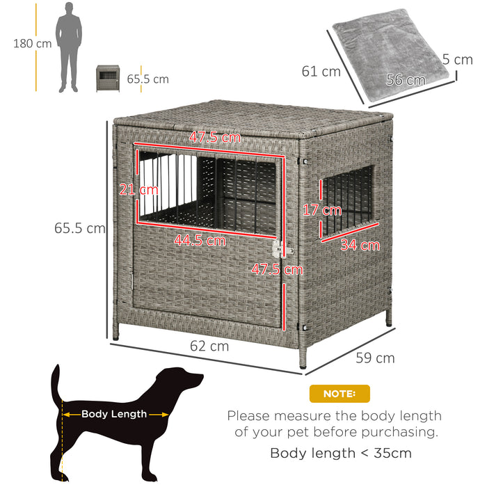 Wicker Dog Cage with Lockable Door - Comfy Small Dog Crate with Soft Washable Cushion, 62x59x66cm - Ideal for Secure & Comfortable Pet Housing, Grey