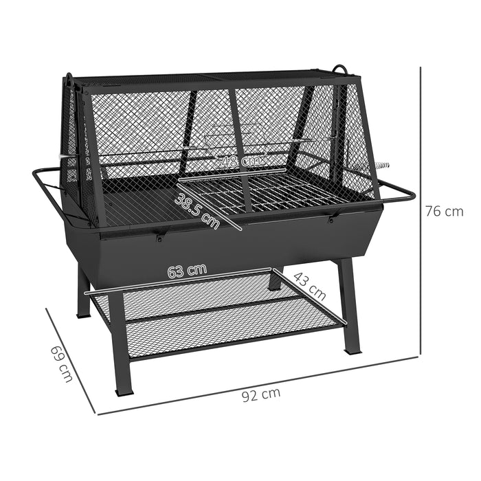 3-in-1 Charcoal Grill with Rotisserie and Fire Pit - Outdoor Cooking Station with Storage Shelf - Perfect for Grilling, Roasting & Campfires