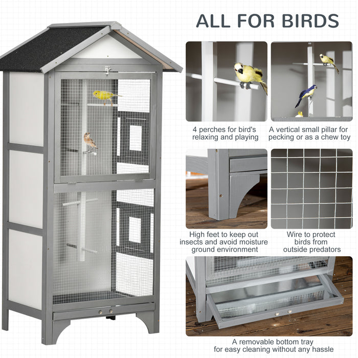 Outdoor Wooden Aviary for Finches & Canaries - Weather-Resistant Asphalt Roof, Easy Cleanup with Removable Tray - Ideal Bird Habitat for Garden or Patio