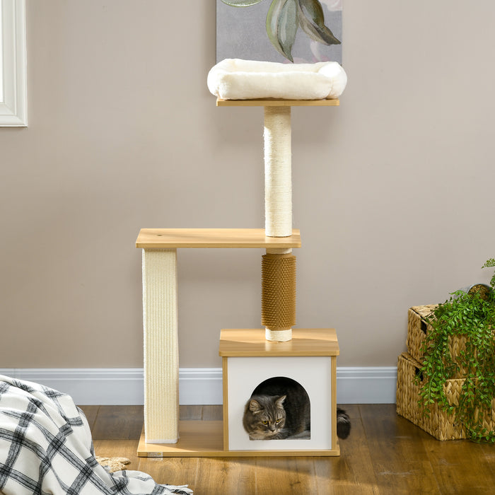 Cat Scratching Tree with Cozy House and Bed - Multi-Level Cat Perch with Posts, 59.5 x 39.5 x 114 cm in Oak Finish - Ideal for Play, Scratch, and Rest for Felines