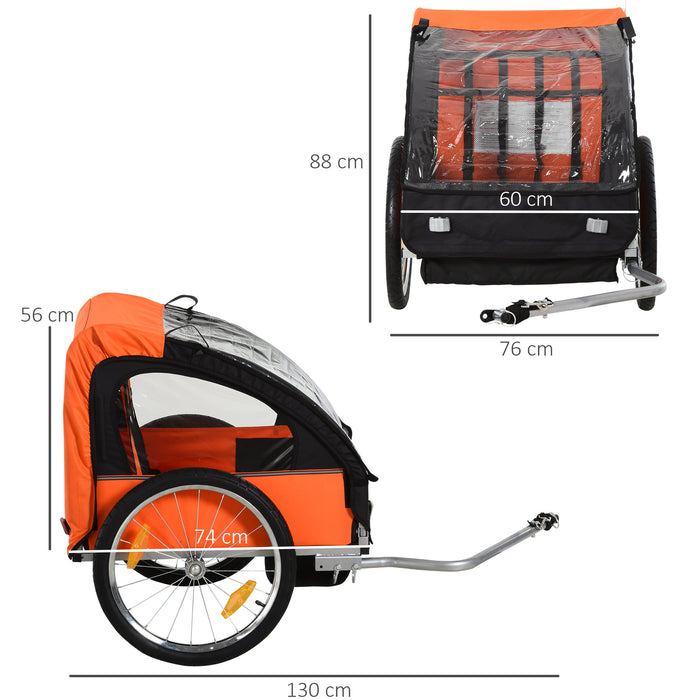 2-Seat Bicycle Child Trailer & Jogger - Steel Frame with Safety Harness and Seat Carrier in Orange and Black, 130x76x88cm - Perfect for Active Parents with Kids