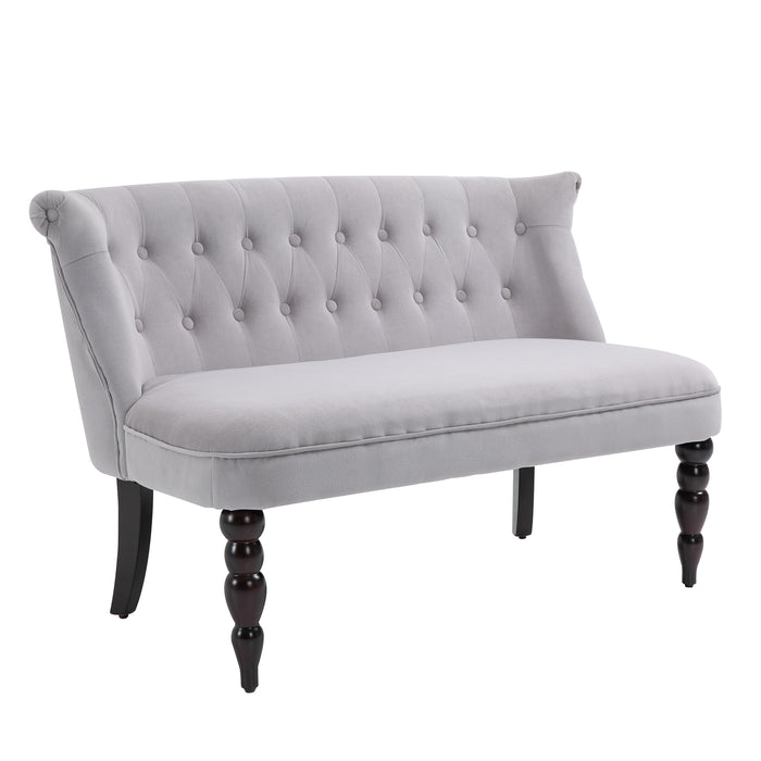 Vintage-Inspired Grey Loveseat - 2-Seat Sofa with Button Tufting and Carved Wood Legs - Elegant Couch for Compact Living Spaces
