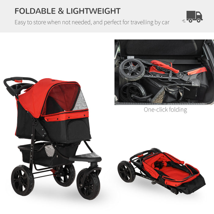 Oxford Cloth Pet Stroller - 3-Wheel Folding Dog Trolley in Red/Black - Convenient Pet Transport for Walks and Travel