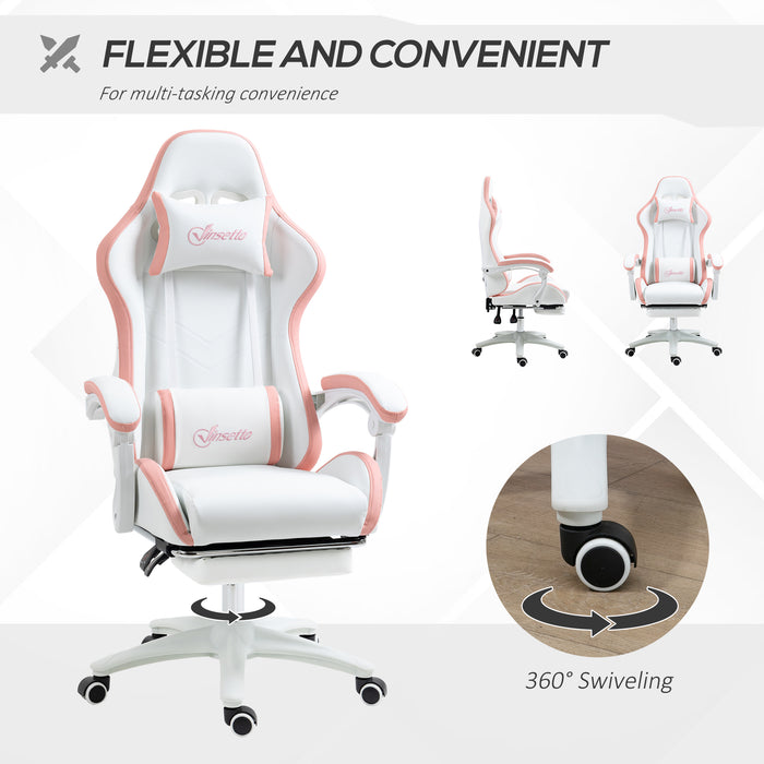 Racing Gaming Chair - Reclining PU Leather Desk Chair with Swivel, Footrest & Removable Headrest - Ergonomic Design for Gamers, White & Pink