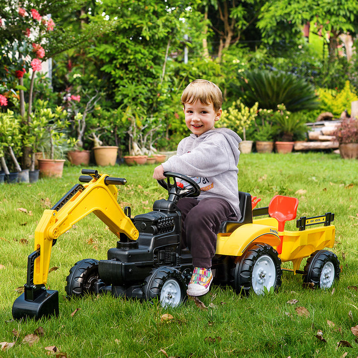 Kids' Pedal-Powered Excavator Ride-On - Durable Toy Digger with Horn & Removable Trailer - Fun Outdoor Play for Children