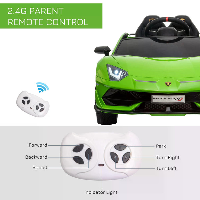 Lamborghini Aventador Ride-On Car for Kids - 12V Battery-Powered Electric Sports Racing Toy with Music, Green - Includes Parental Remote Control for Safe Play