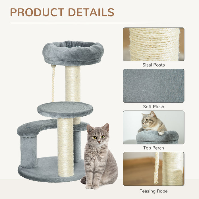 Kitty Scratcher 65cm Cat Tree - Activity Center with Scratching Post, Playhouse & 2 Perches - Ideal for Cats Exercise and Rest with Hanging Sisal Rope, Grey