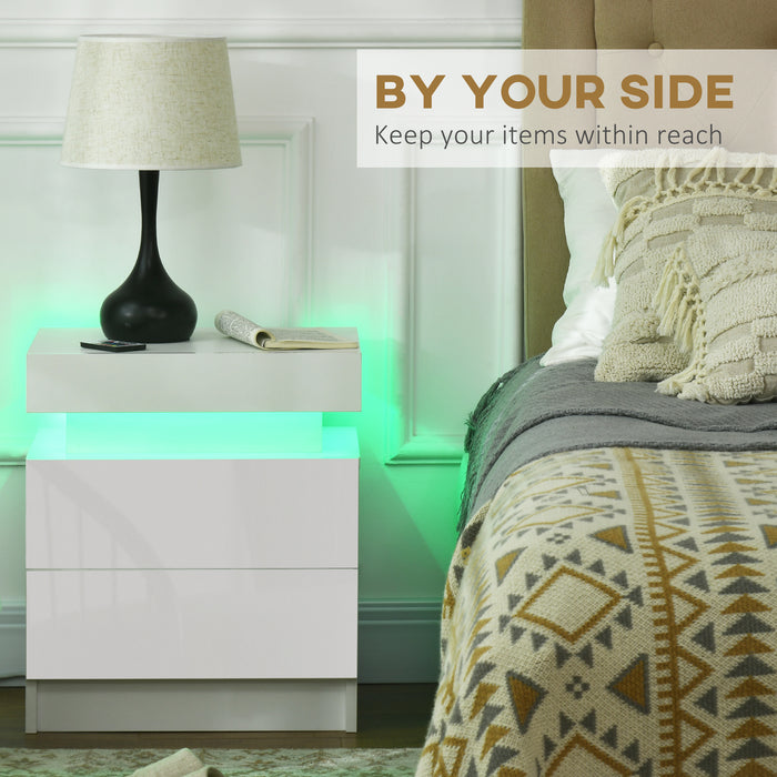 White LED-Illuminated Bedside Cabinets - High Gloss 2-Drawer Nightstand - Perfect for Bedroom and Living Room Storage Solutions
