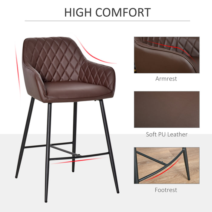 Retro PU Leather Bar Stools, Set of 2 - Comfortable Backrest and Metal Frame with Footrest - Stylish Seating for Home Dining and Kitchen Areas
